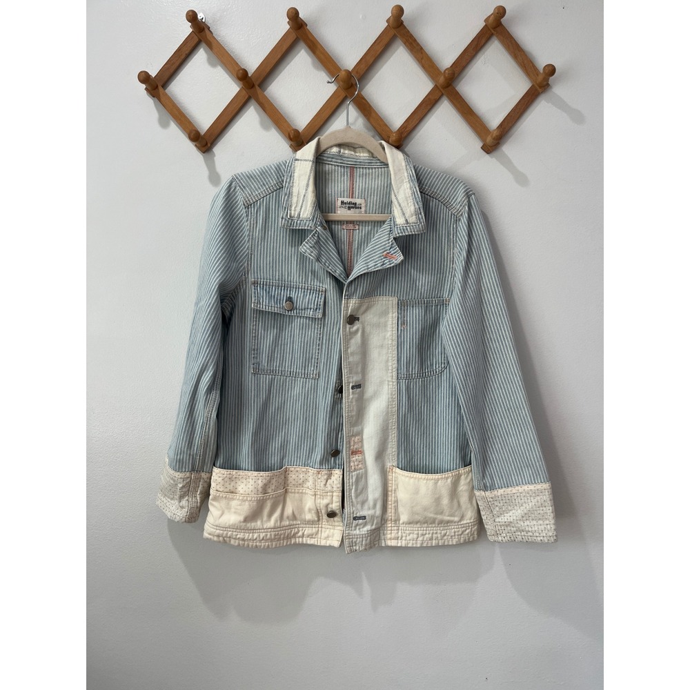Holding Horses Anthropologie Striped Patchwork Chore Jacket Blue Cream Size M - Picture 2 of 8